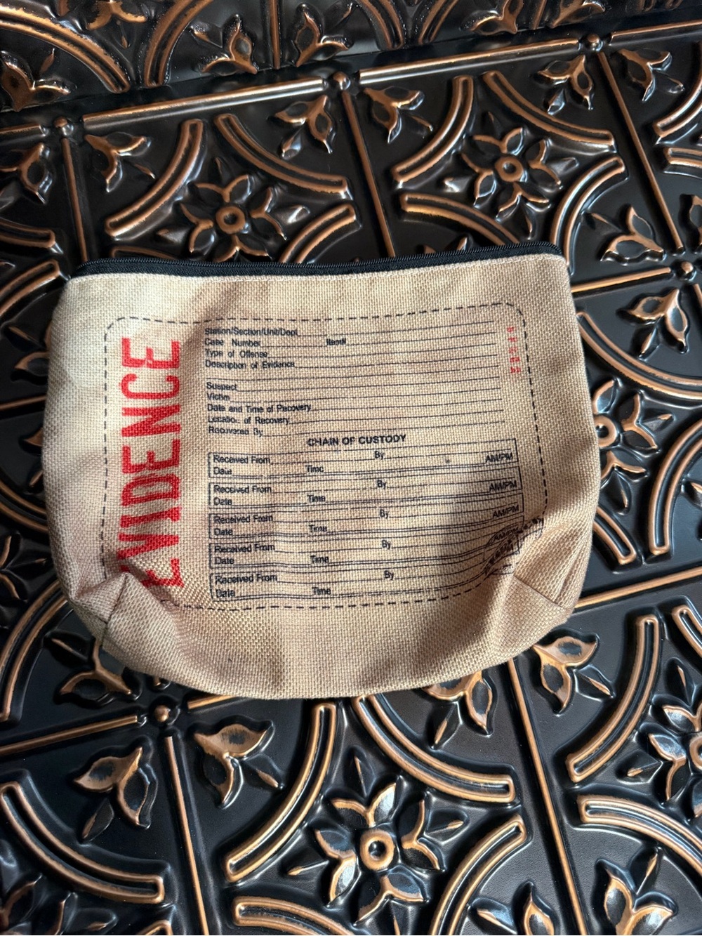 Makeup Bag Canvas 'EVIDENCE' Zip Pouch in Tan with Black Trim